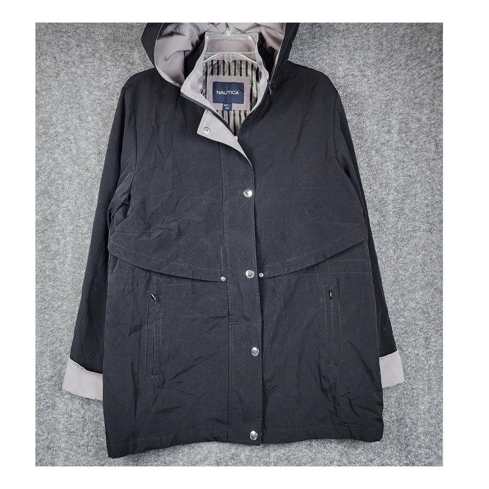 Nautica Rain Jacket Women Medium Black Hooded Trench Coat Contrast Trim